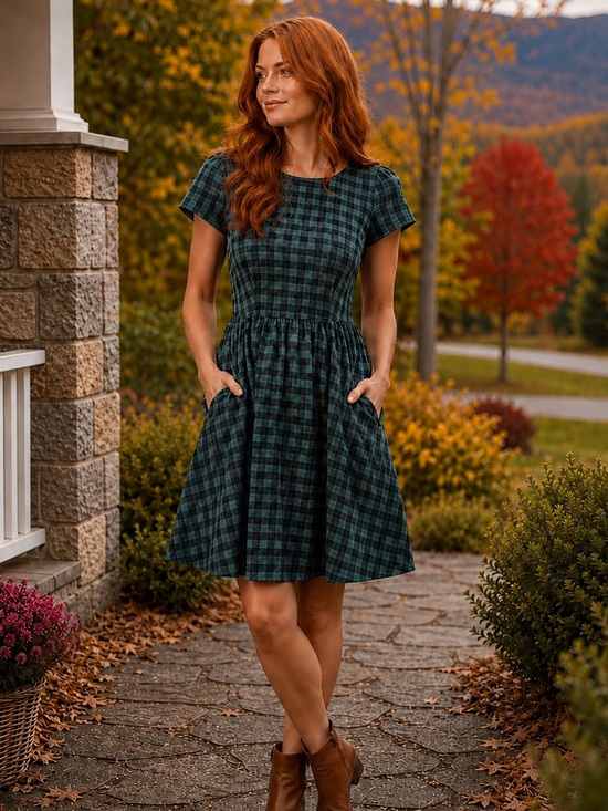 Tulip B Dresses & Skirts - NWT Tulip B Green Navy Plaid Flannel Short-Sleeve Fit & Flare Mini Dress Pockets